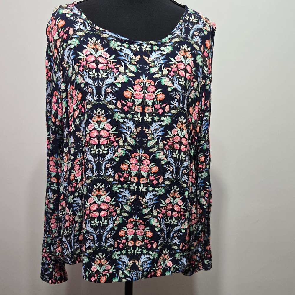 LOFT Plus Floral Damask Long Sleeve Top Navy Blue Multi Boho Blouse Size 16
